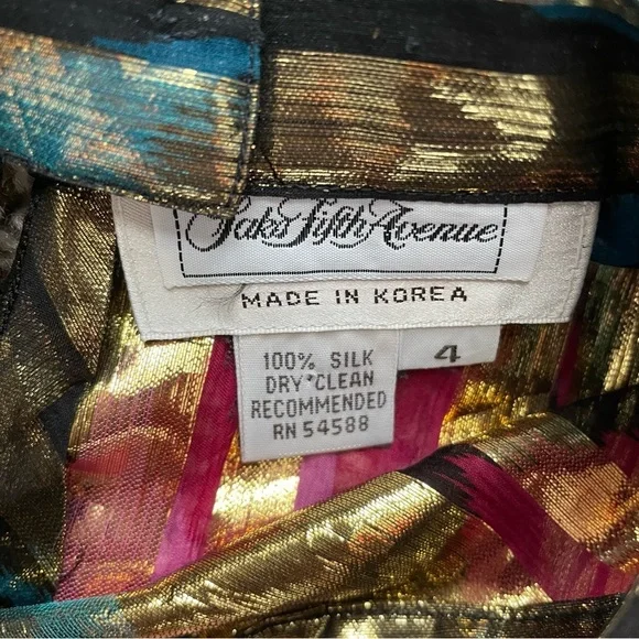 Saks 5th Avenue vintage silk metallic sheer gold blouse shoulder pads sz 4 - Picture 2 of 9